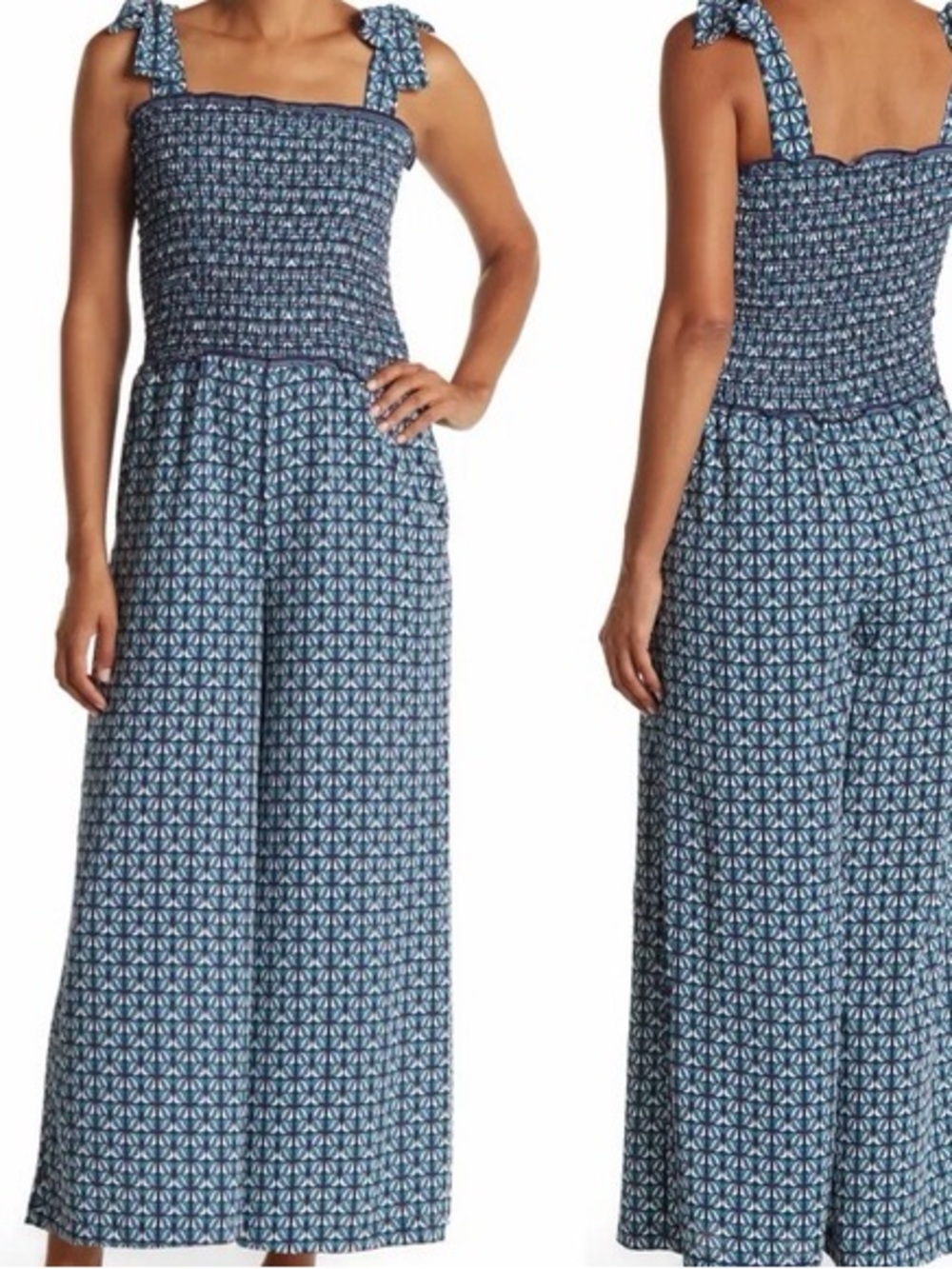 Max Studio Blue Pattern Smocked Tie-Shoulder Wide-Leg Jumpsuit